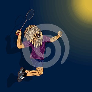 Badminton player, lion in human body, jumping to smash badminyon