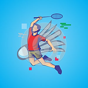 The badminton player logo is jumping for a smash as a symbol of sports activities and sportsmanship