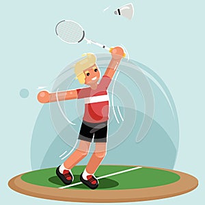 Badminton player racket shuttlecock sport flat design vector illustration