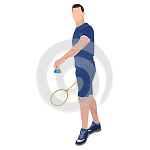 Badminton player with racket and shuttlecock, vector isolated illustration