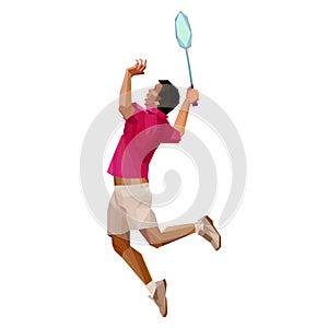 Badminton player, during smash isolated on white background