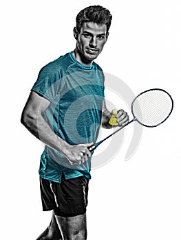 Badminton player young man isolated white background