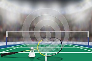 Badminton Racket and Shuttlecock in Arena With Copy Space