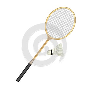 Badminton racket and white shuttlecock with black line.