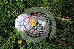 Badminton Rackets and Bird on the Ball