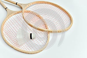 Badminton rackets and shuttlecock close up view