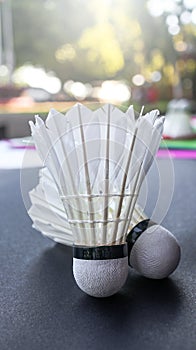 Badminton shutter cocks on racket are on dark background