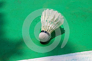 The badminton shuttlecock and its shadow are on the green court floor