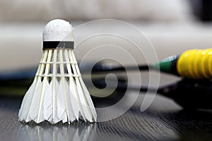 Badminton Shuttlecock with Racket in the Background