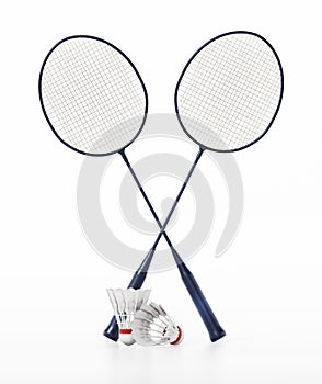 Badminton shuttlecocks and rackets isolated on white background. 3D illustration