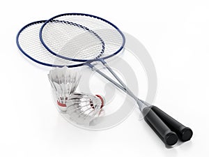 Badminton shuttlecocks and rackets isolated on white background. 3D illustration