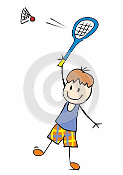 Badminton sport, exercising boy with racquet, scribble, vector illustration