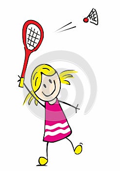 Badminton sport, girl with racquet, scribble, vector illustration