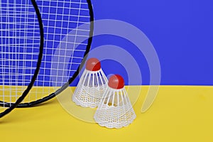 Badminton. Three shuttlecocks and two badminton rackets