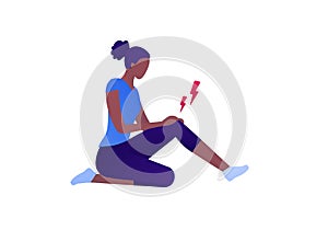 Badnaged injury concept. Vector flat patient character illustration set. Knee pain. African american female athlete sitting with