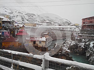 Badrinath, an Indian Himalayan Town, during Snowfall