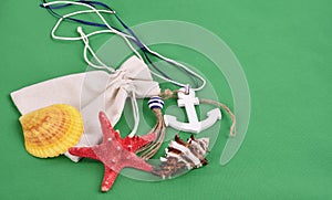 Bag, anchor, starfish on a green background