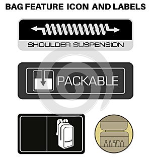 Bag and Back Pack Product feature icon and label, Performance icons and symbols for bags, Back pack special feature signs and photo
