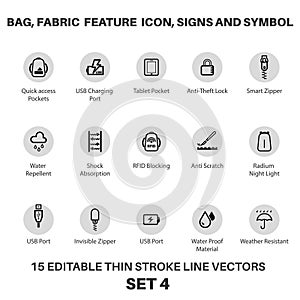 Bag and Backpack fabric feature icon, laptop bag Performance icon and symbols for tech bag and fabric, Fabric Technology
