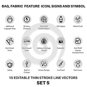 Bag and Backpack fabric feature icon, laptop bag Performance icon and symbols for tech bag and fabric, Fabric Technology