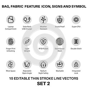 Bag and Backpack fabric feature icon, laptop bag Performance icon and symbols for tech bag and fabric, Fabric Technology