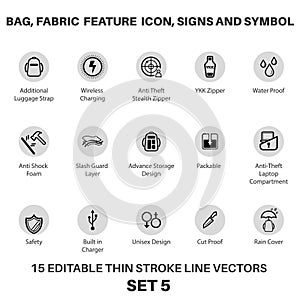 Bag and Backpack fabric feature icon, laptop bag Performance icon and symbols for tech bag and fabric, Fabric Technology photo