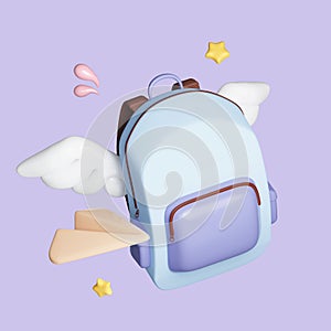 bag backpack school education with fly wing. icon symbol clipping path. education. 3d render illustration