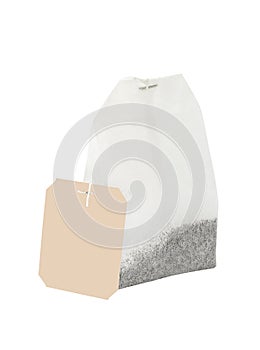 Bag of black dry tea unused, paper label with space to copy text, isolated on white background with clipping path