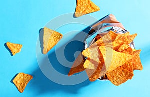 Bag chips doritos on blue background