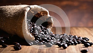 A bag of coffee beans is opened and spilled onto a wooden table