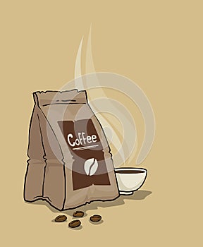 Bag of coffee and a steaming cup