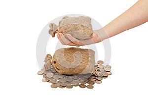 Bag with coins in a female hand