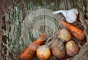 Bag of dirty potatoes, carrots, onions and garlic