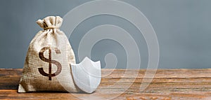 Bag with dollar symbol and protection shield. Concept of protection of money, guaranteed deposits. Client rights protection