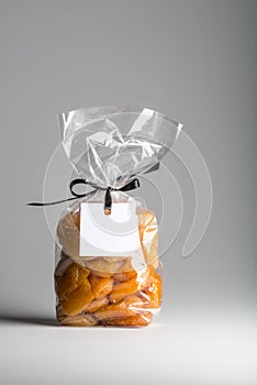 Bag of dried apricots with blank label and copy space