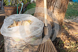 Bag of dry leaves with broom in the garden