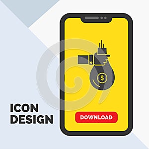 Bag, finance, give, investment, money, offer Glyph Icon in Mobile for Download Page. Yellow Background