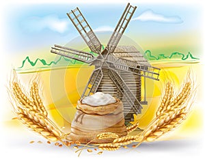 A bag of flour, cereal spikes and a wooden mill on a rural field background