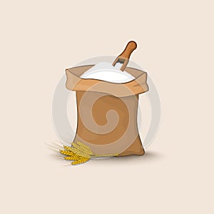 A bag of flour with a shovel and ears of wheat, barley or rye