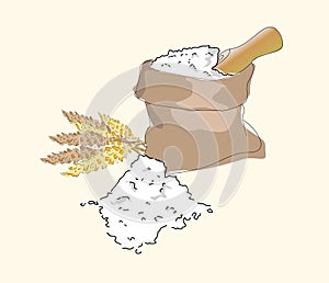 Bag of flour , shovel and ears of wheat. Vector illustration. a handful of flour