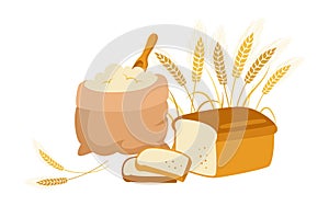 Bag flour wheat ears bread sliced cartoon vector