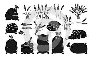 Bag flour wheat spikelets black glyph set vector