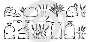 Bag flour wheat spikelets black sketch set vector