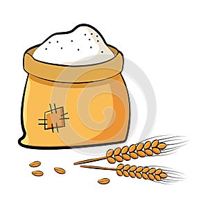 Bag of flour with wheat spikes and grains. Vector