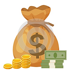 Bag full money with dollar sign, gold coins, paper money. Cartoon style vector illustration