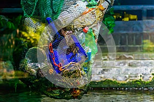 Bag full of plastic coming out of the water, plastic pollution, environment awareness