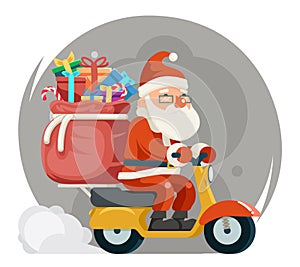 Bag Gift Box Santa Claus Delivery Courier Scooter Symbol Box Icon Concept Isolated Cartoon Flat Design Vector