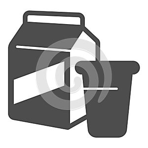 Bag and glass of milk solid icon, dairy products concept, Paper bag with milk sign on white background, milk box with