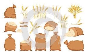 Bag heap flour and wheat ears spikelets set vector