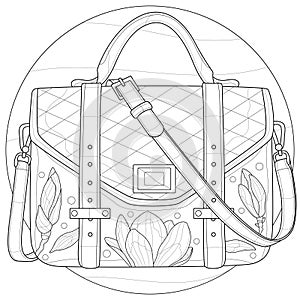 Bag with magnolias. Ladies handbag.Coloring book antistress for children and adults. photo